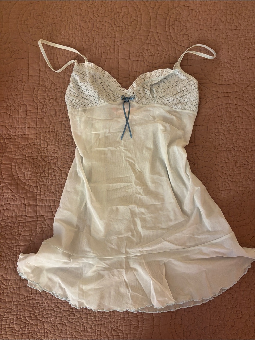 Victoria's Secret Light Blue Lace-Trimmed Satin Chemise with Blue Bow